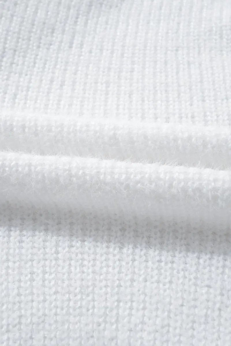 White Pearl Beaded Heart Pattern Fuzzy V Neck Sweater - Love Salve